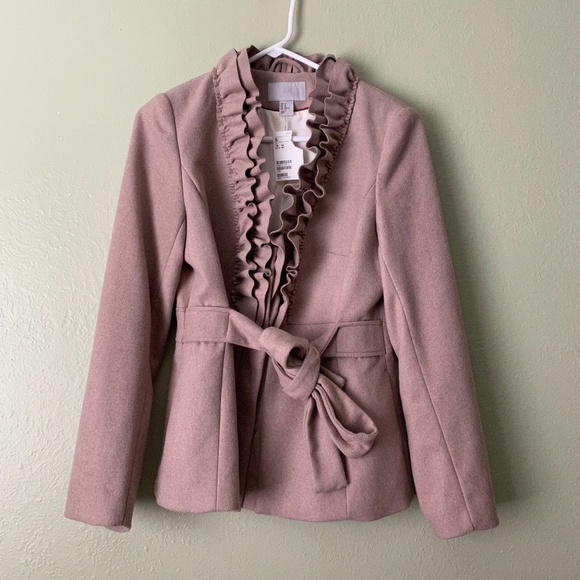 H&M Ruffle Lapel Tan Wool Short Coat - Picture 1 of 6